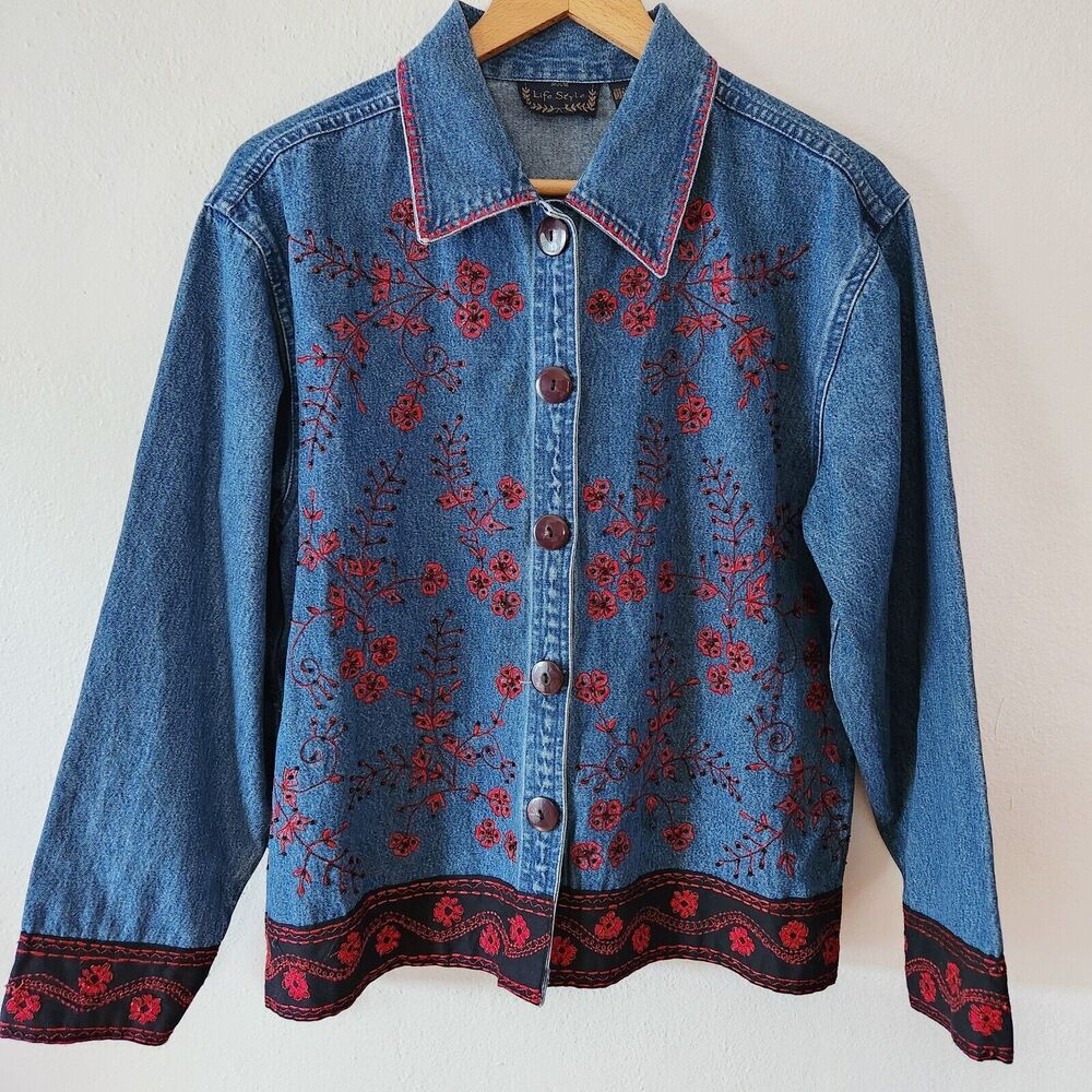 Life Style Denim Embroidered Red Black Floral Button Front Jacket Size S Japan